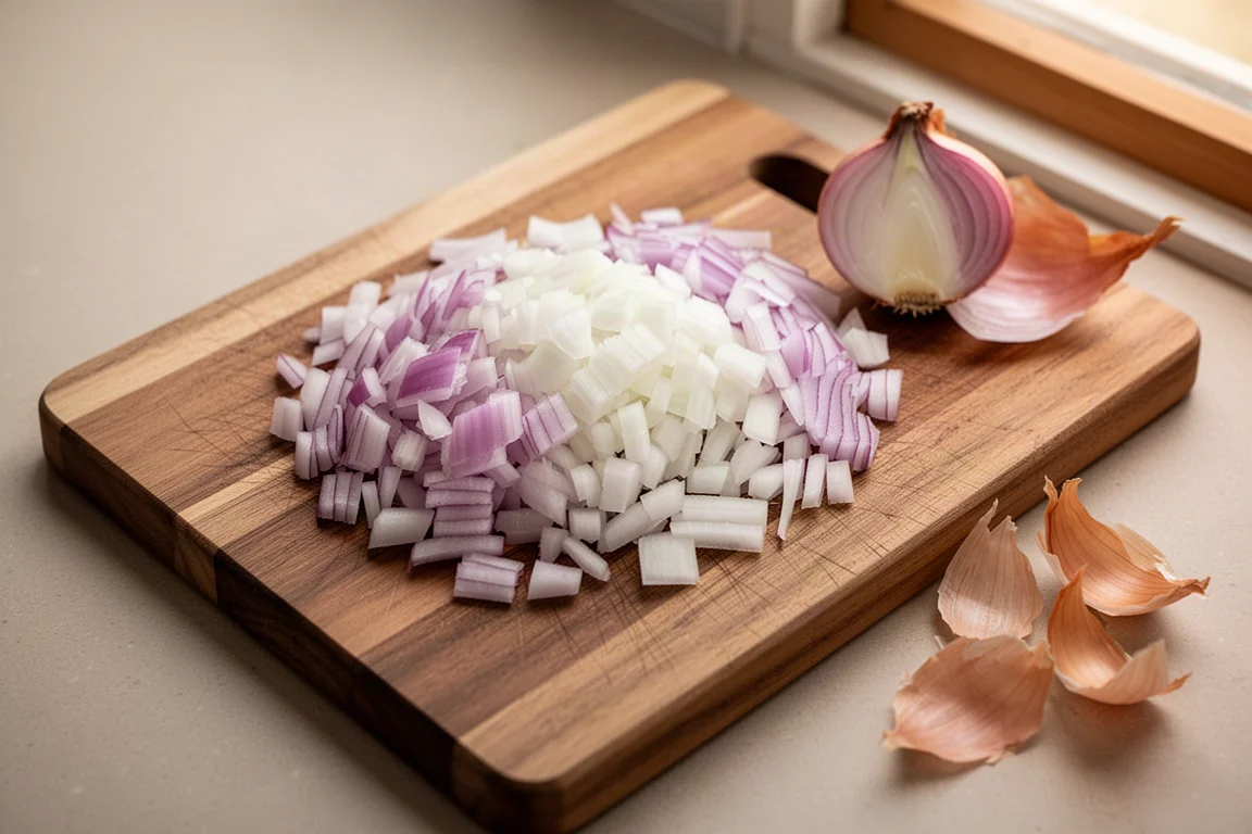 Una chalota y una cebolla recién cortadas en dados sobre una tabla de madera junto a un cuchillo japonés