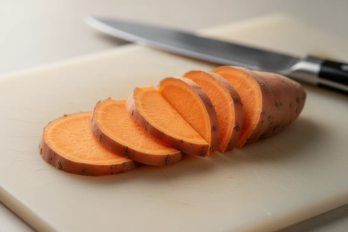 Finas rodajas de boniato abanadas sobre una tabla mostrando una limpio desprendimiento de los alimentos