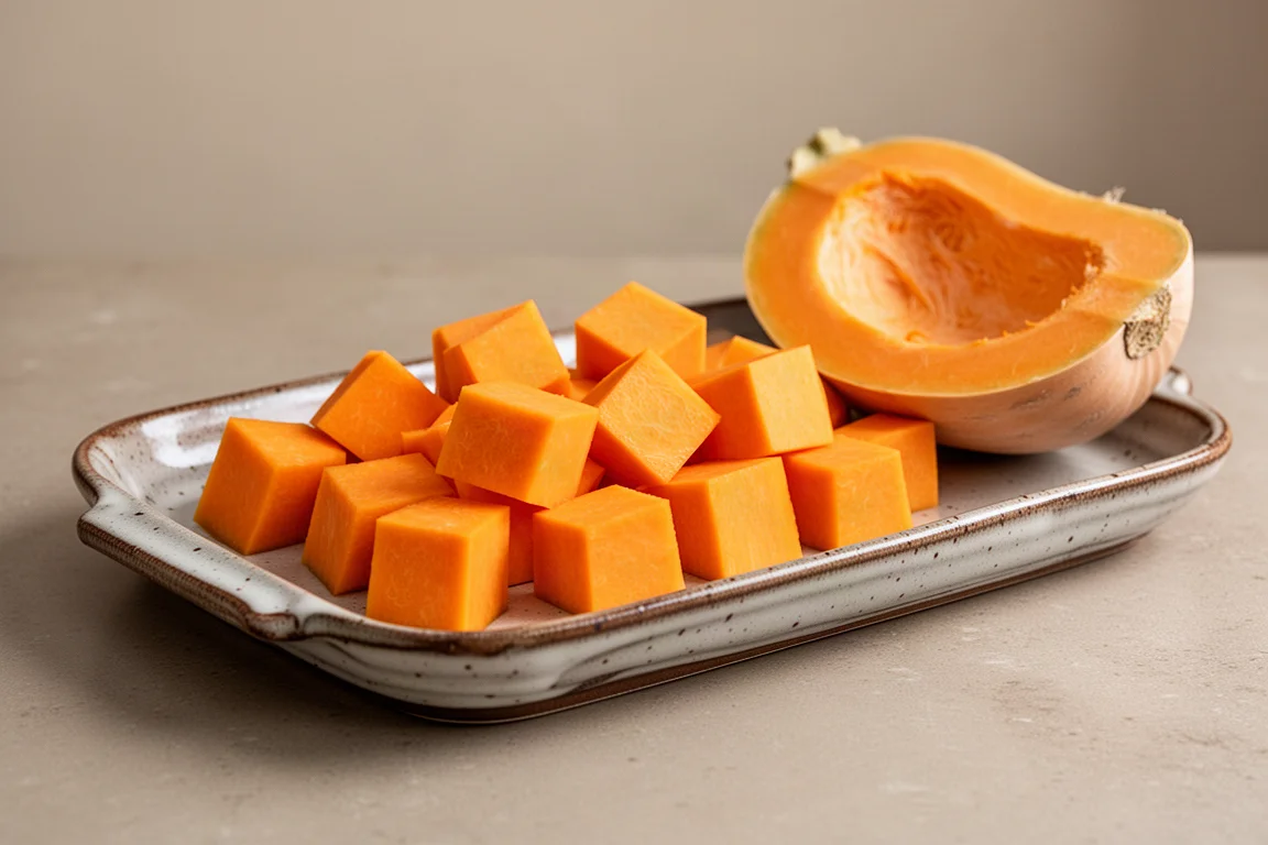 Calabaza butternut en cubos sobre una bandeja lista para asar en una cocina