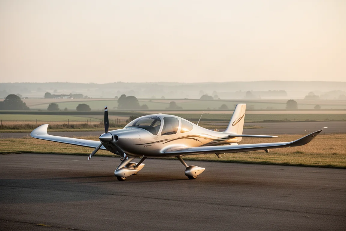 Lowwing light sport aircraft parked on a quiet rural airfield apron in morning light