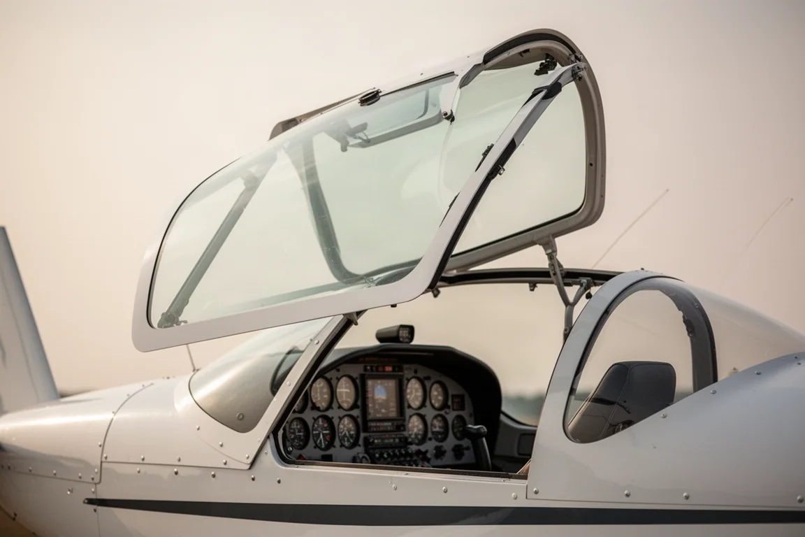 Tilt-back canopy of a light sport aircraft raised open on a grass airfield