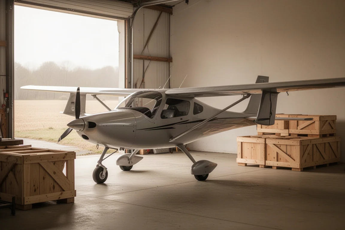 Light sport aircraft wing being fitted in a small aviation hangar