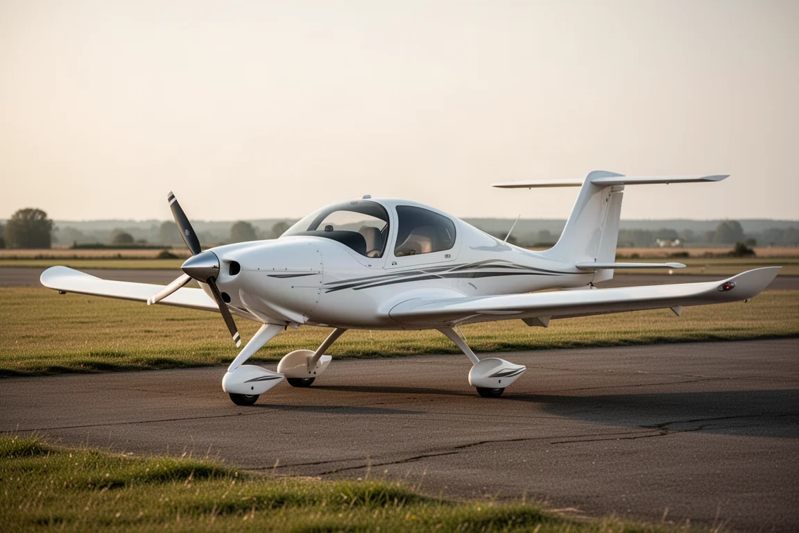 Elegante aereo sportivo leggero lowwing con coda a croce parcheggiato sull'apron di un aeroporto rurale
