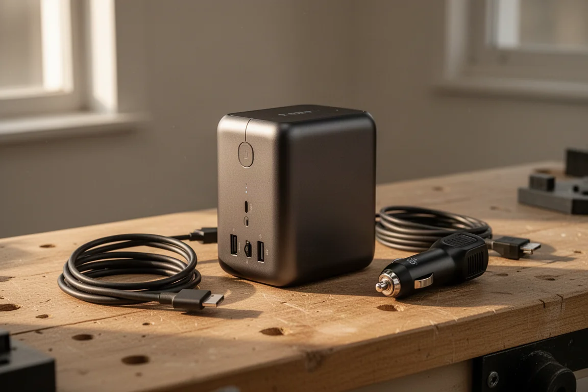 Draagbare powerstation op een bureau met kabels ernaast gelegd