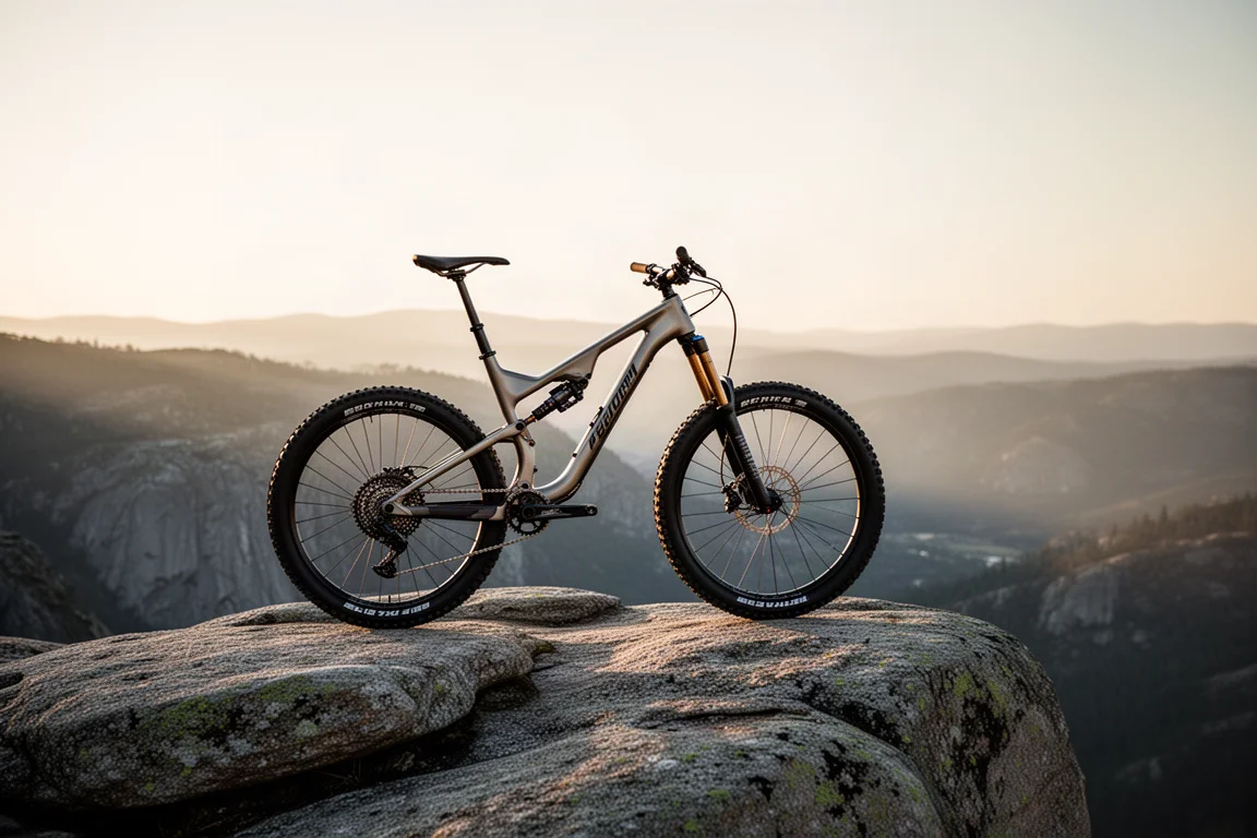 Close-up de uma pinça de freio a disco e do rotor na roda de uma trail bike enlameada