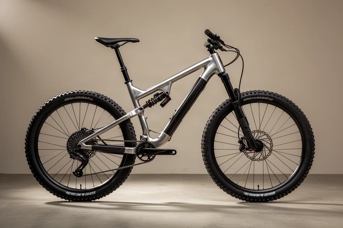 Full suspension trail mountain bike with titanium lug joints on a concrete surface