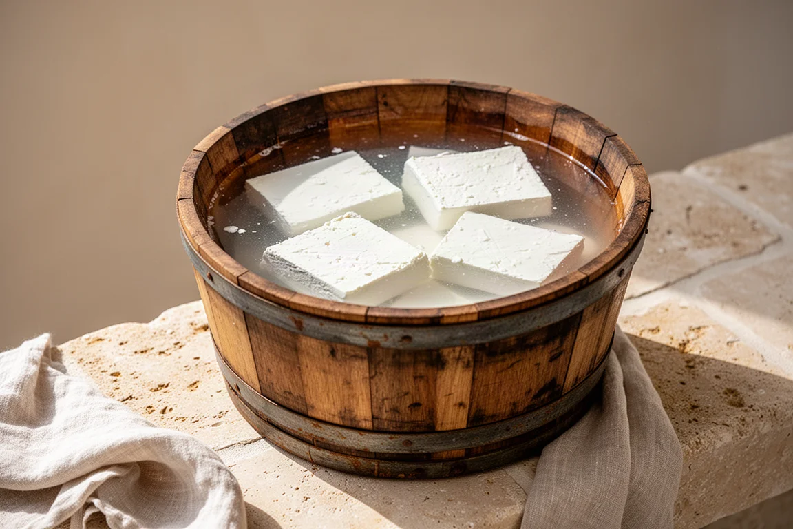 Traditional Greek feta cheese stored in a wooden barrel of brine