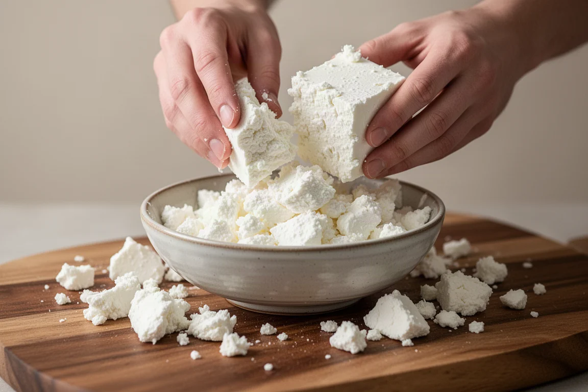 A hand crumbling a block of feta cheese into large pieces over a bowl