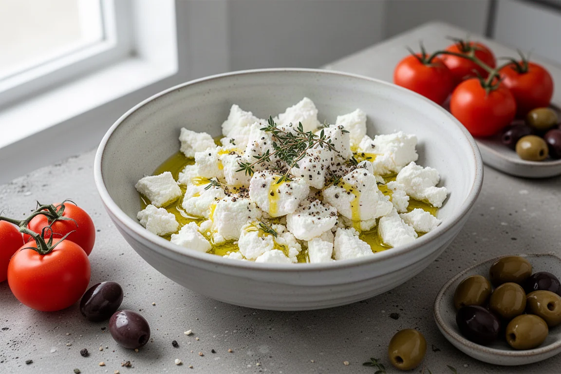 Feta crumbles tossed in a bowl with olive oil and herbs