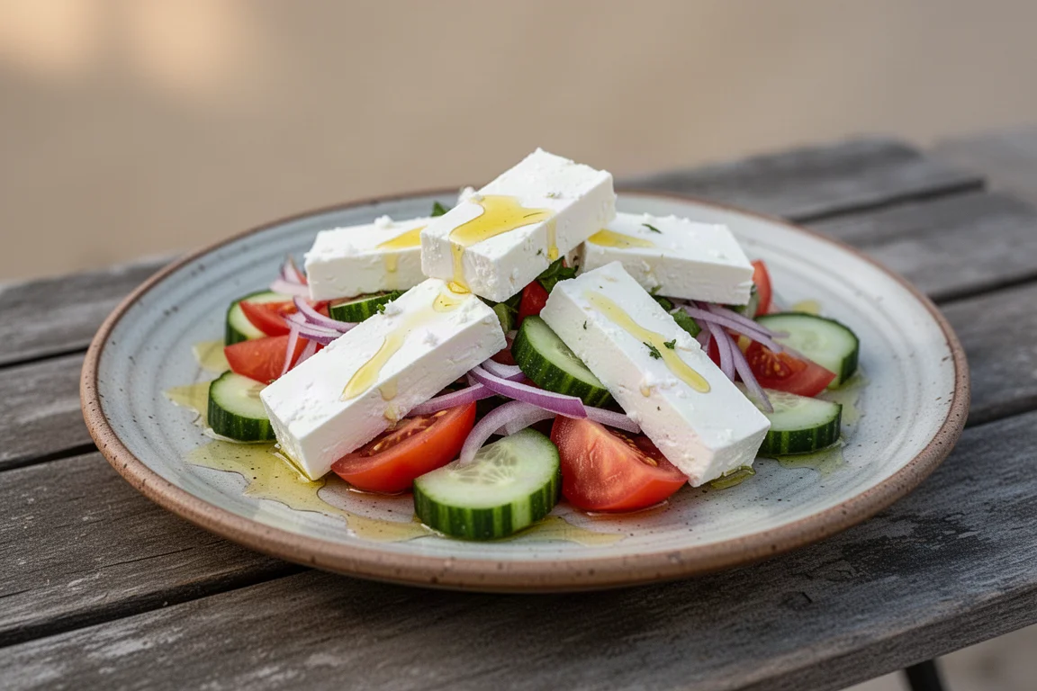 A Greek salad with large feta pieces on a rustic table