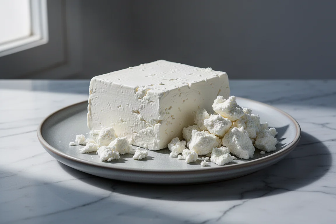 Block of feta cheese and crumbled feta pieces on a ceramic plate