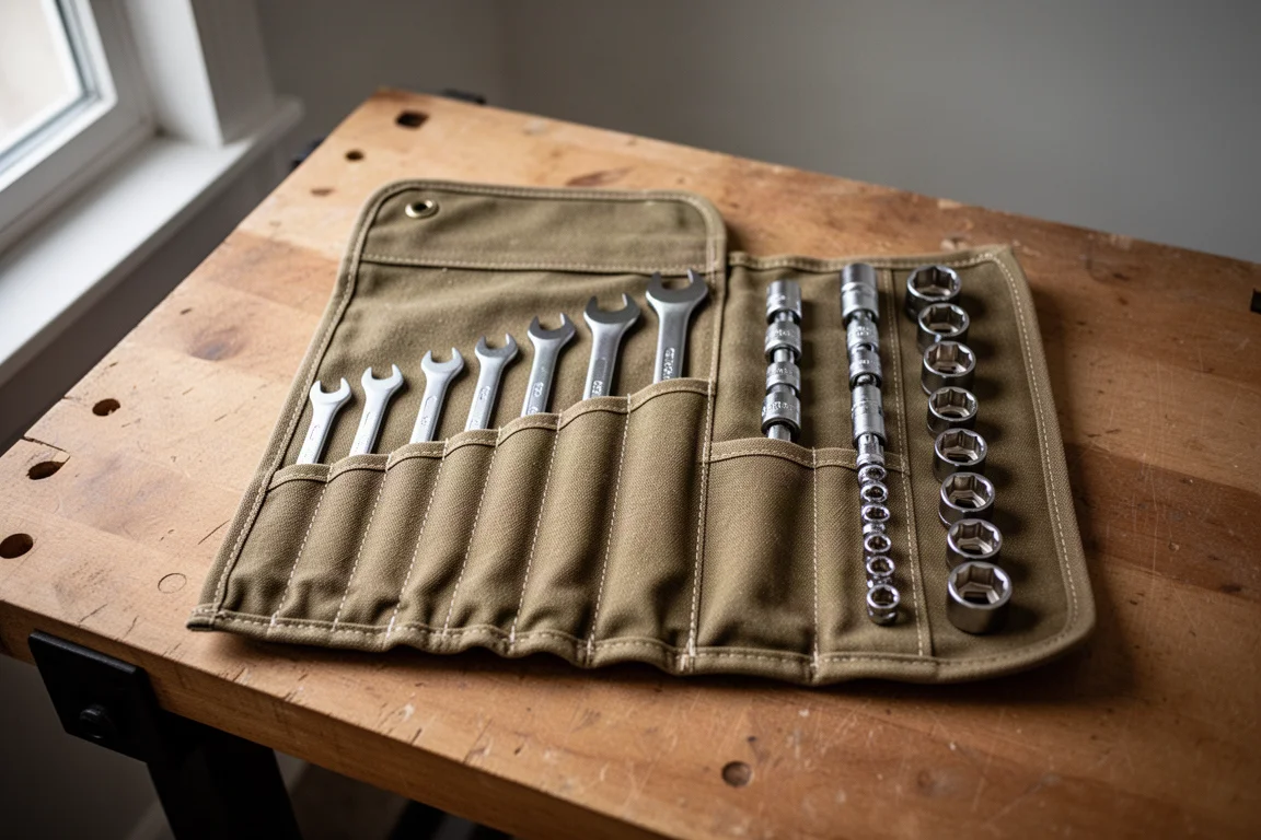 Tool roll compatto aperto su una banca da lavoro con chiavi inglesi nelle tasche scanalate