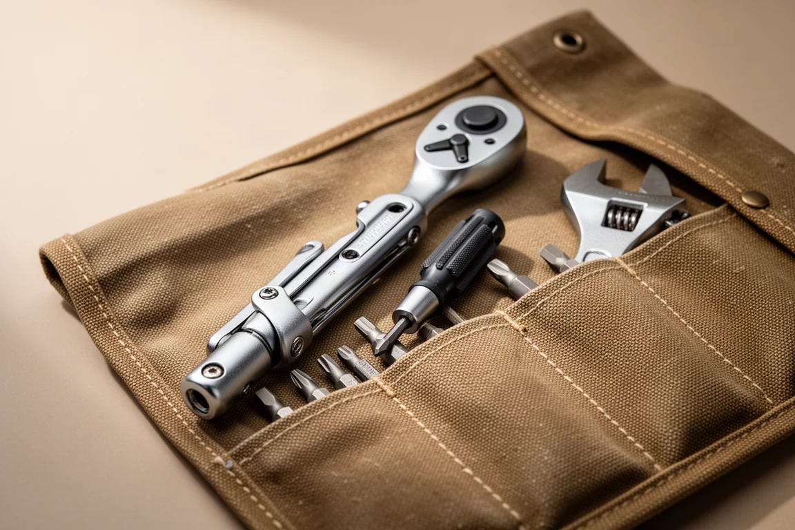 Cricchetto e cacciavite a bussole riposti nella tasca principale di un tool roll