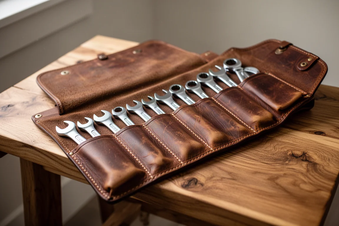Tool roll robusto in pelle aperto su una panca con chiavi lucide negli alloggiamenti