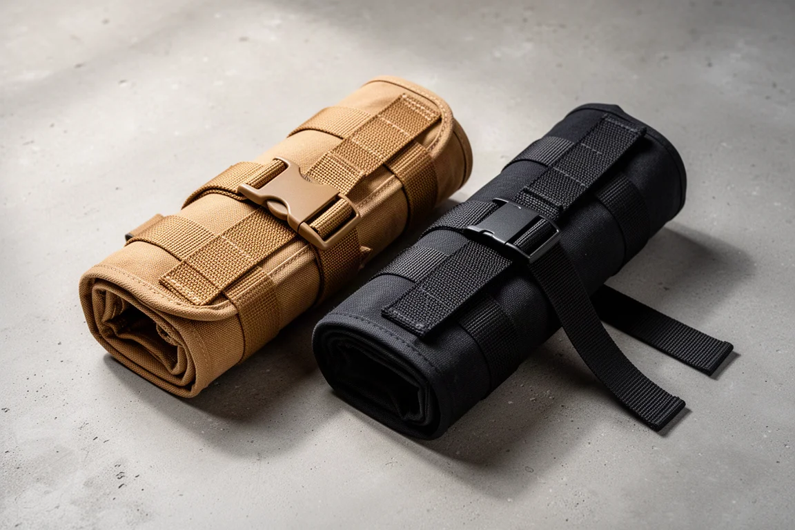 Twee opgerolde tool rolls naast elkaar op een betonnen werkplaatsvloer