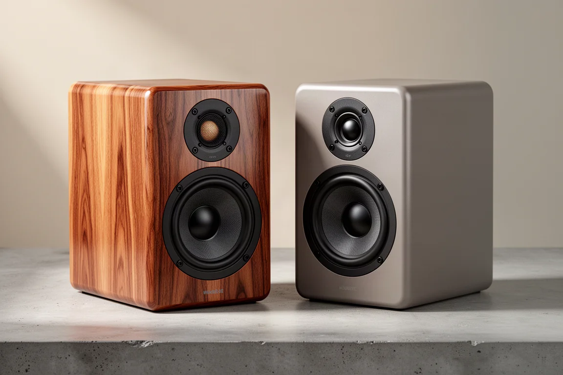 Two standmount speakers side by side on a matte concrete surface