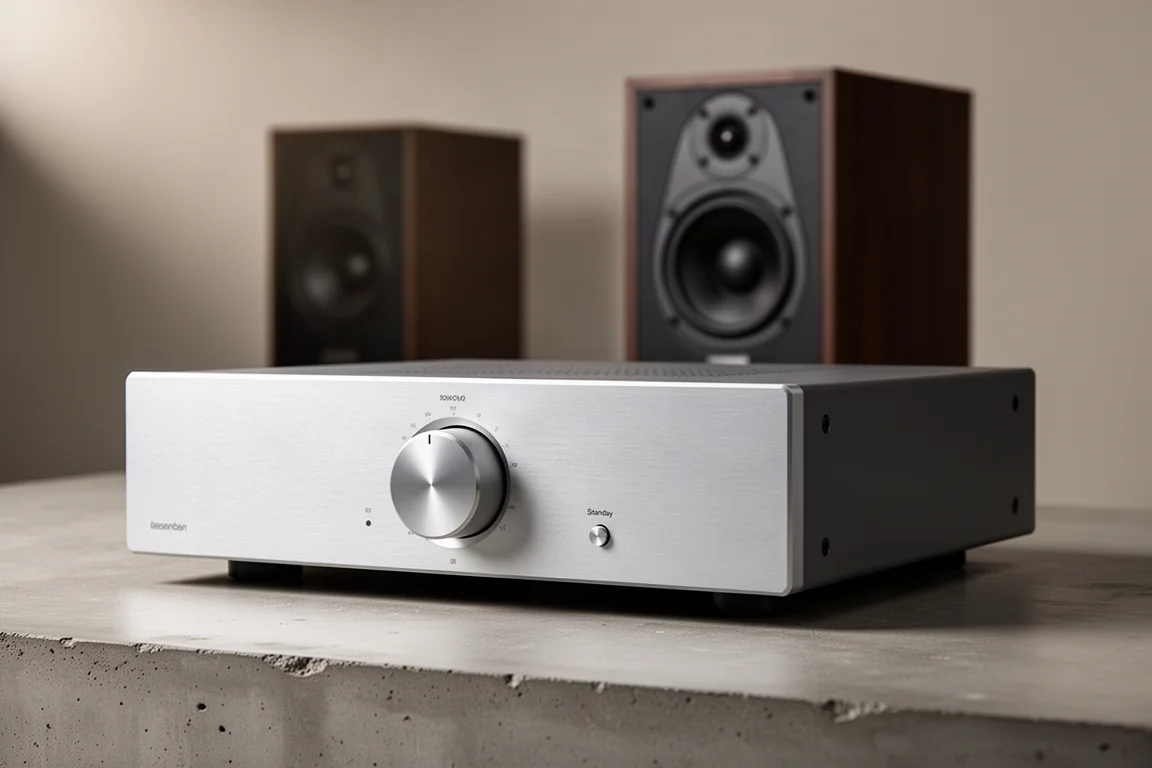 Silver integrated amplifier on a concrete surface with speakers blurred behind