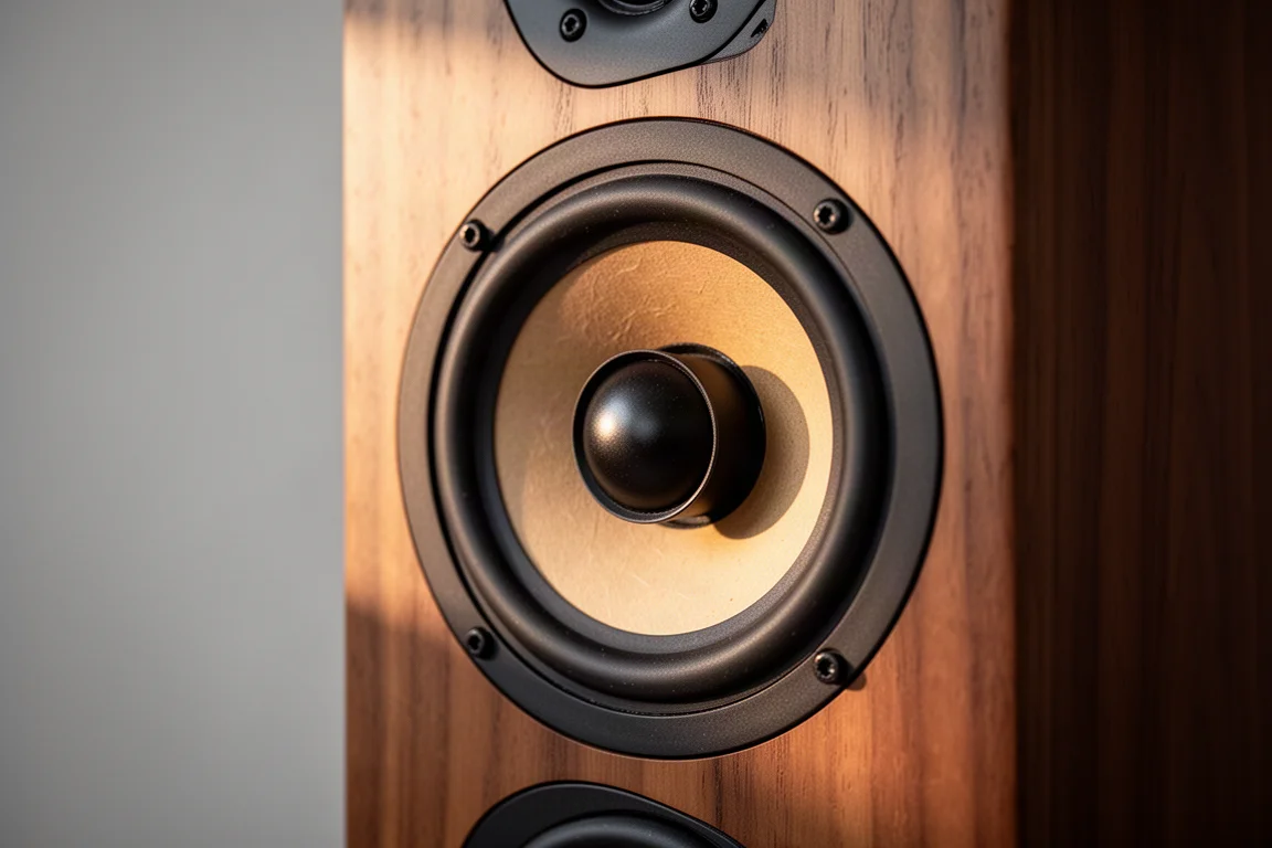Primo piano del woofer di un diffusore da scaffale con luce calda sul cabinet