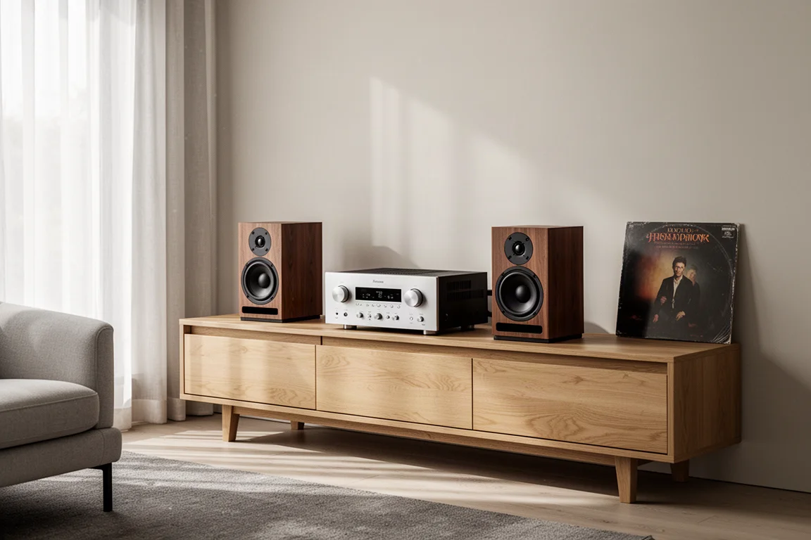 Sistema hi-fi compatto con amplificatore e due diffusori da scaffale in un soggiorno luminoso