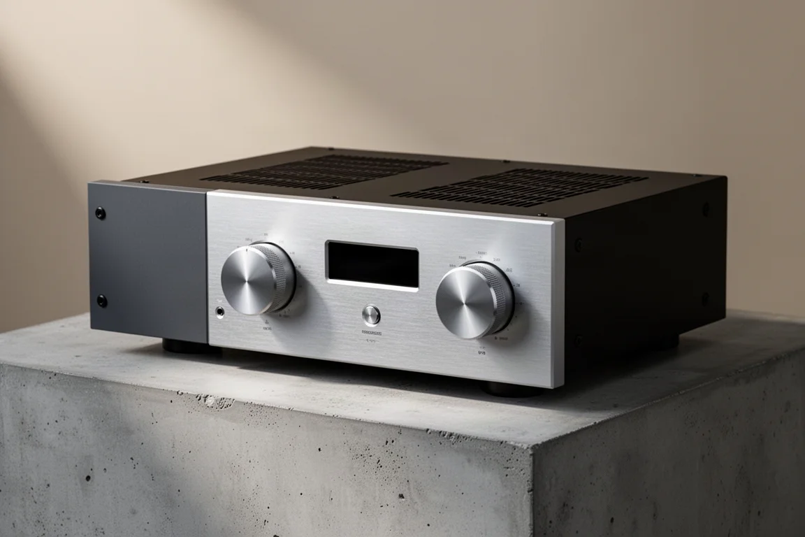 Full-width hi-fi integrated amplifier with brushed aluminium faceplate and two rotary dials on a concrete plinth