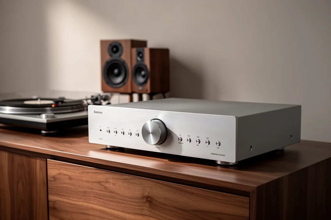 Silver integrated stereo amplifier with a large central volume knob on a walnut console