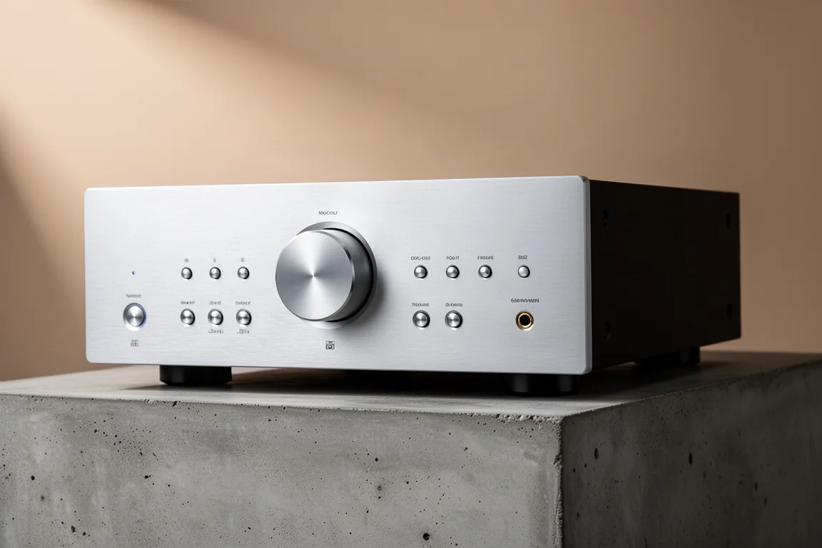 Silver integrated hi-fi amplifier with aluminium front panel on a matte concrete surface