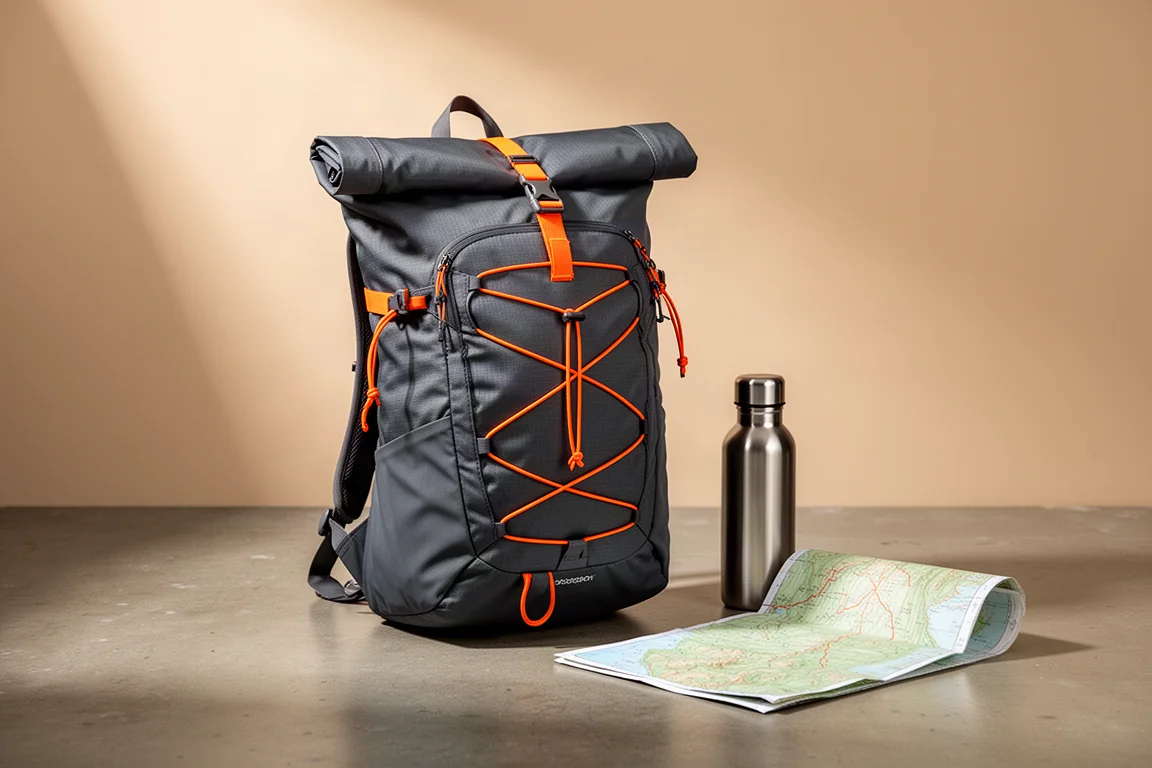 Lightweight roll-top hiking backpack with orange cord accents on a concrete surface