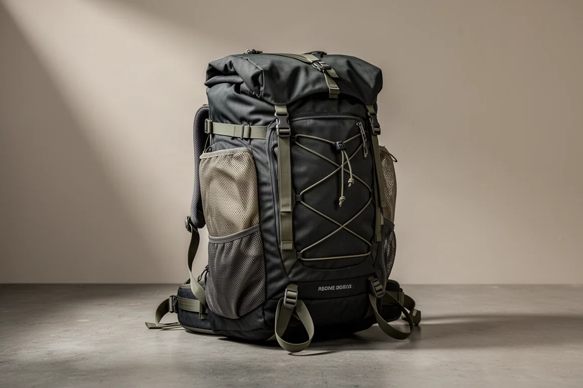 Roll-top hiking rucksack with mesh side pockets standing on a concrete surface