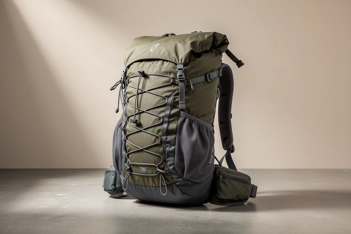 Handgefertigter Ultraleicht-Wanderrucksack mit Rolltop-Verschluss und Hüftgurt auf Beton