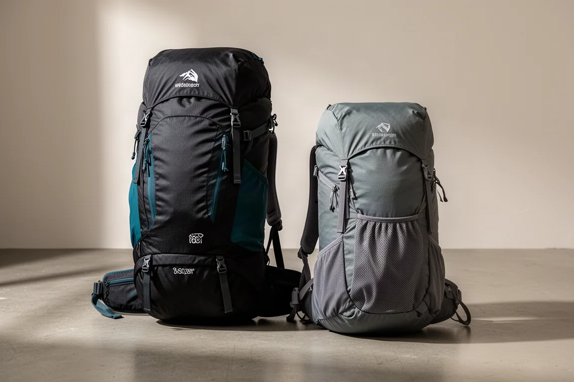 Two ultralight backpacking packs, one black with teal panels and one grey, on a concrete floor