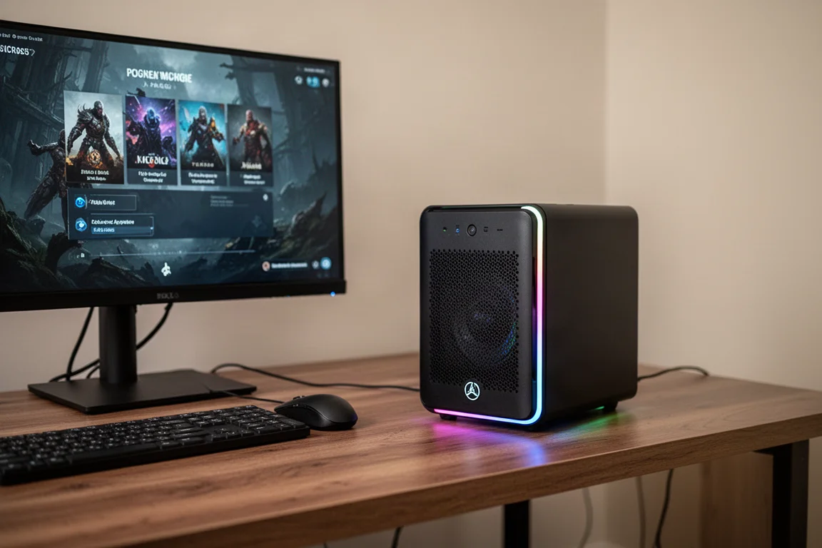 モニターの隣のデスクに置かれたRGBライト付きのコンパクトなミニPC