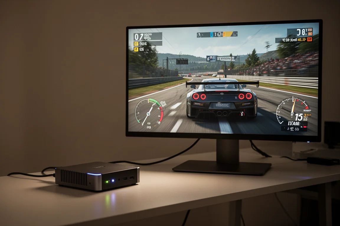 1440pのモニターでレーシングゲームを実行しているミニPC