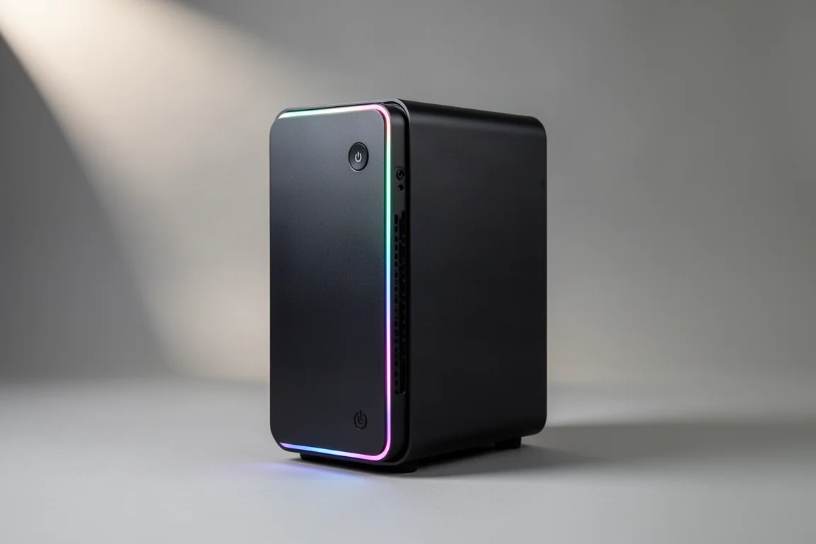 Mini PC gamer compacto AtomMan G7PT com brilho RGB sutil em fundo cinza