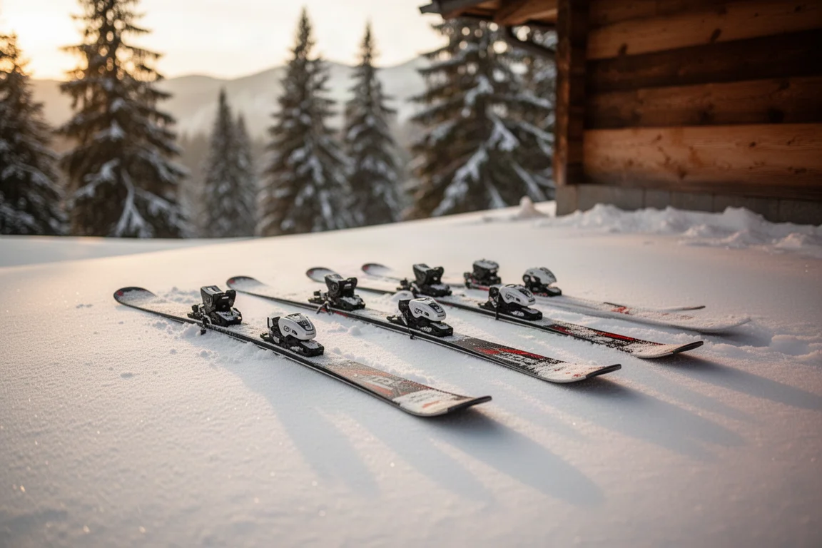 Rangée de skis alpins posés sur une neige tassée devant un refuge de montagne à l'heure dorée