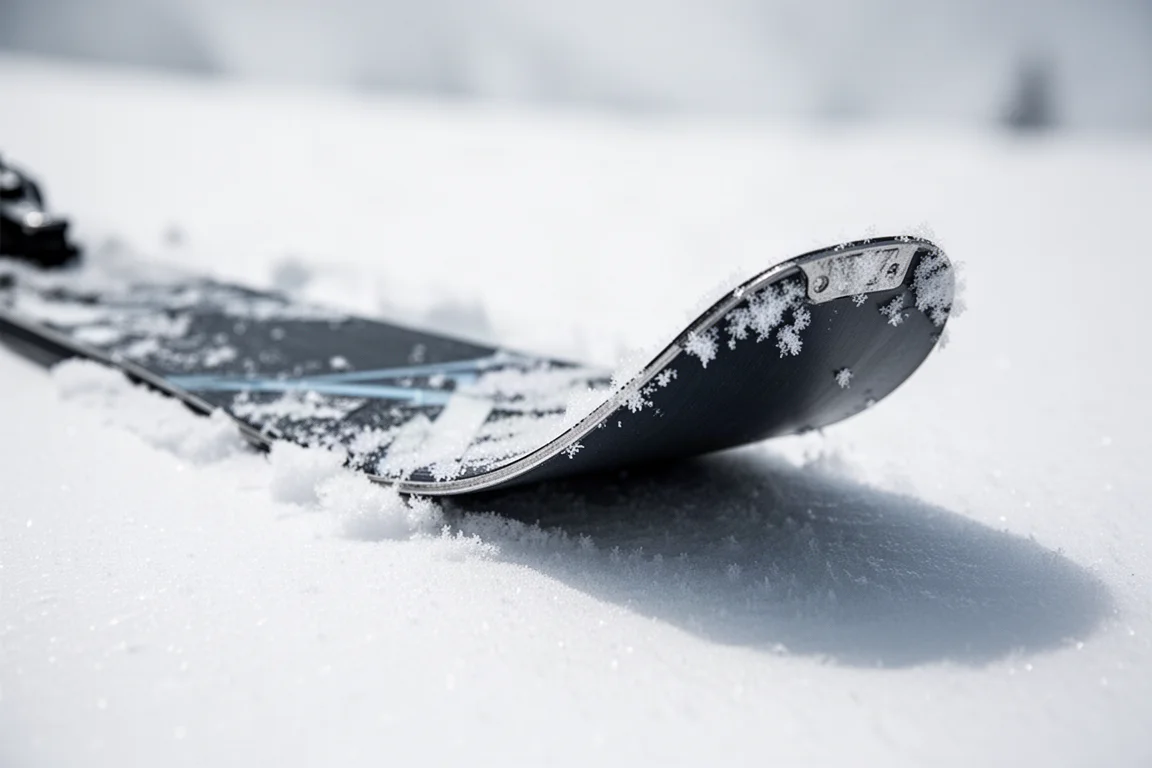 Gros plan sur le talon d'un ski twin-tip à rocker sur de la poudreuse fraîche