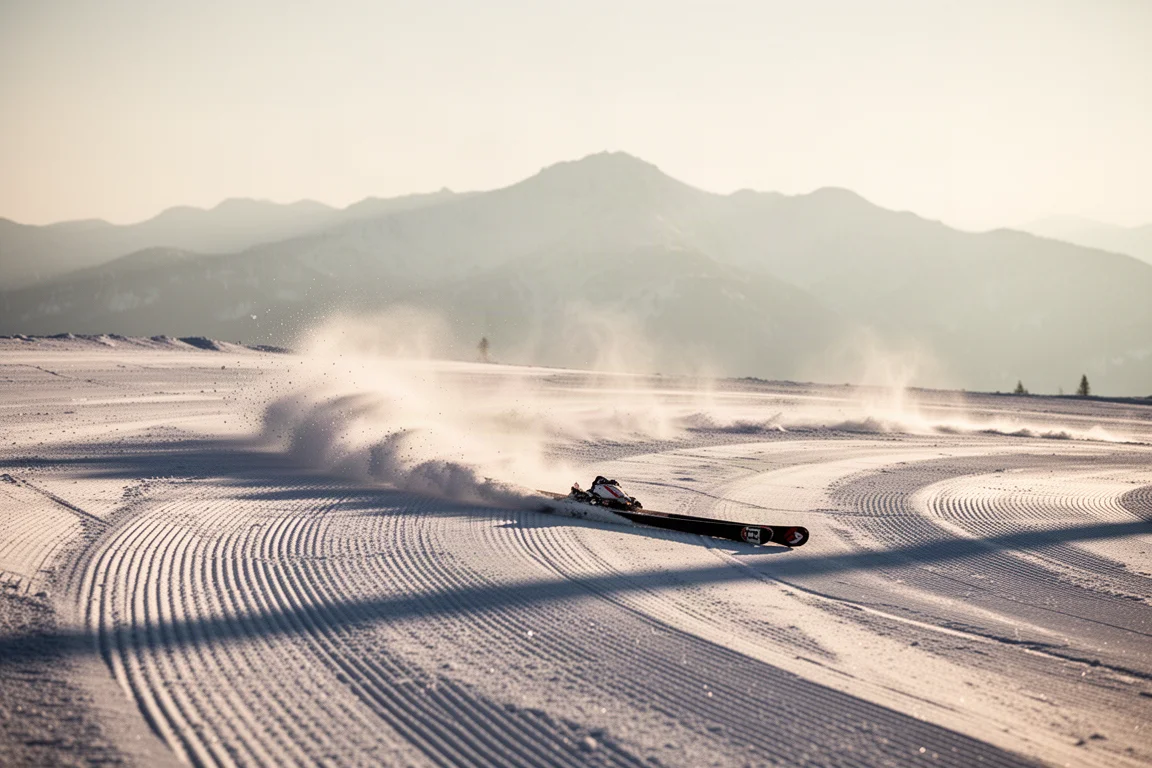 Des skis traçant une courbe nette sur une piste damée dans une douce lumière matinale