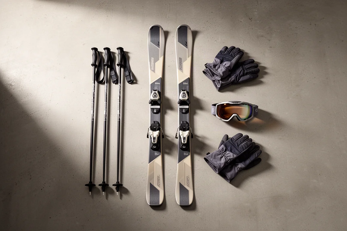 Vue aérienne en flat-lay de matériel de ski disposé sur une surface en béton mat