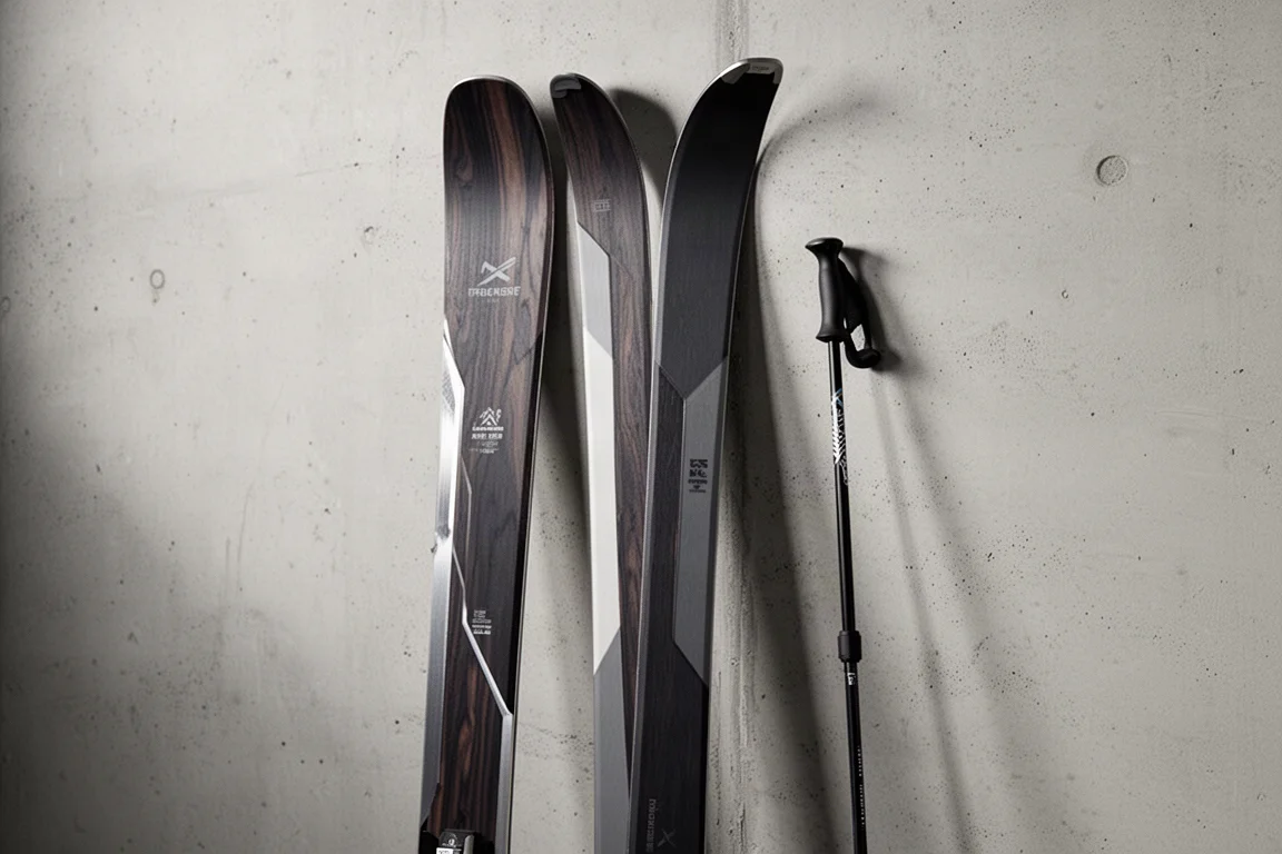 Trois skis alpins appuyés côte à côte contre un mur de béton mat