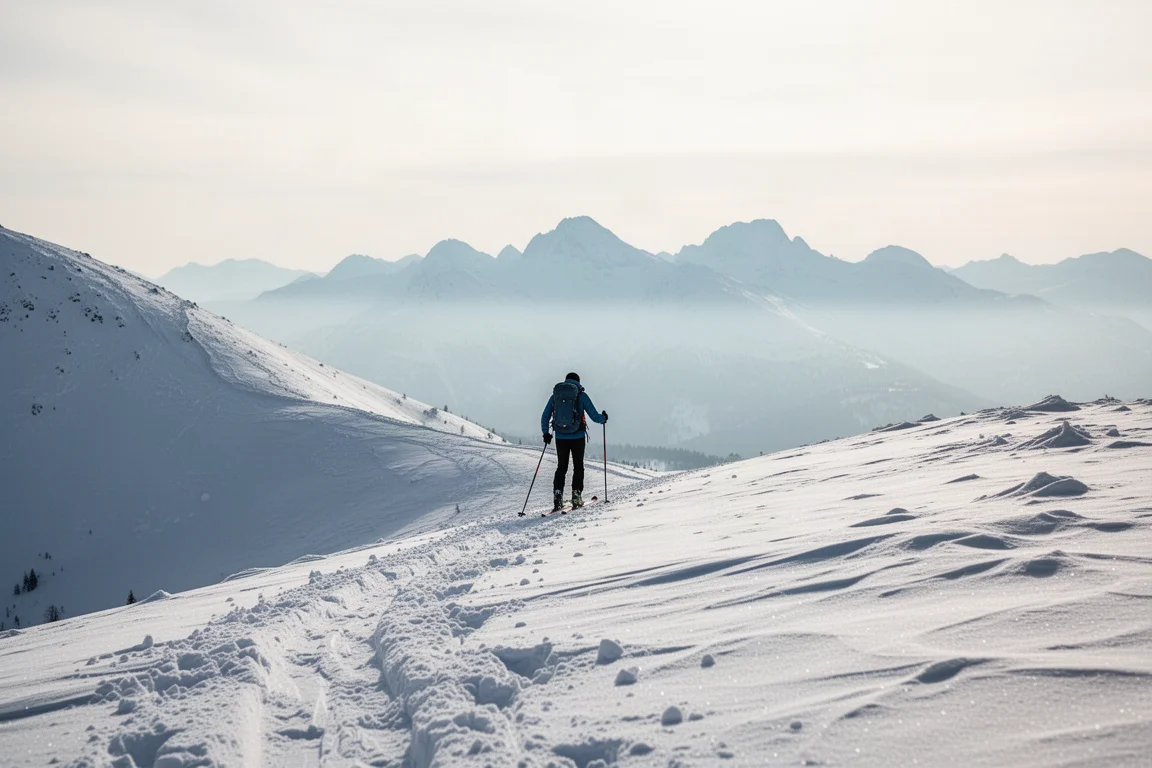 Trace de peaux montant le long d'une crête alpine avec la silhouette d'un skieur au loin