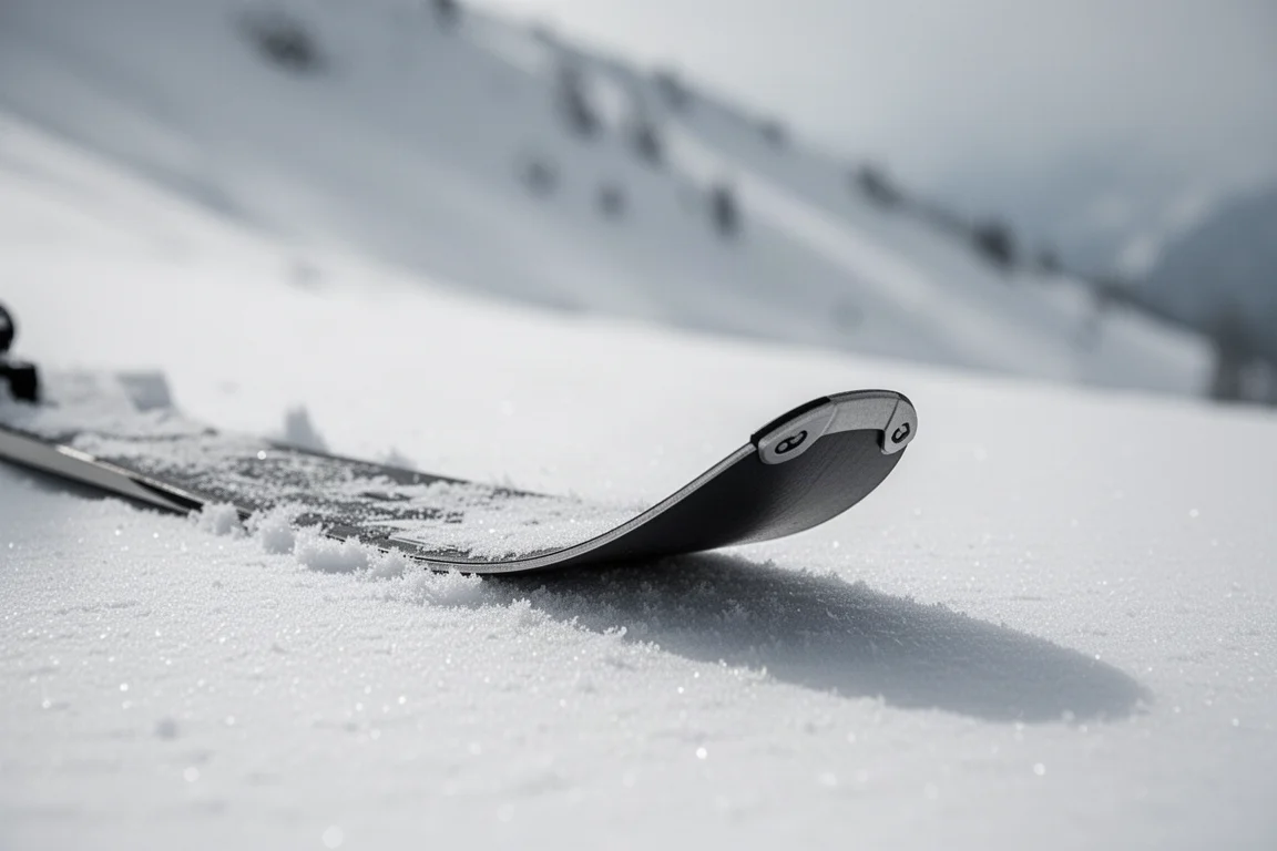 Skieur enchaînant un virage rapide entre des arbres serrés avec un nuage de neige