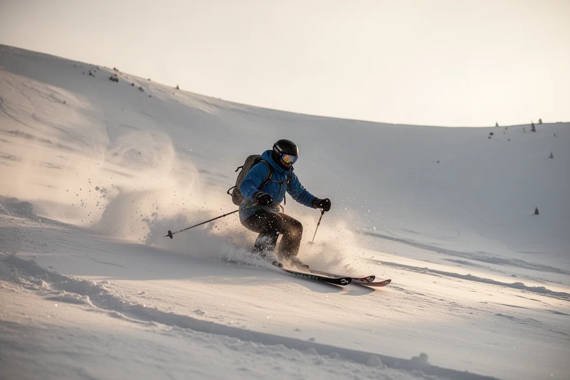 Ski de randonnée équipé d'une fixation à châssis posé sur la neige lors d'une transition