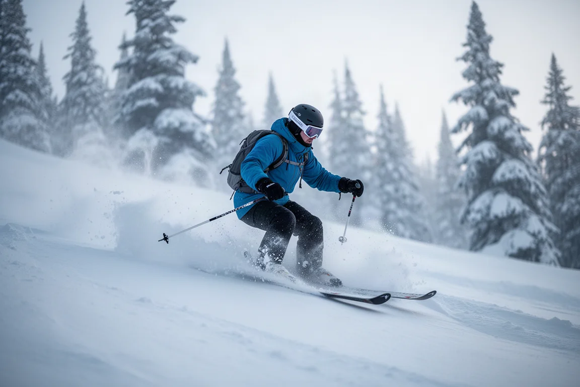 Skier in a forward stance descending an untracked powder bowl with snow spraying