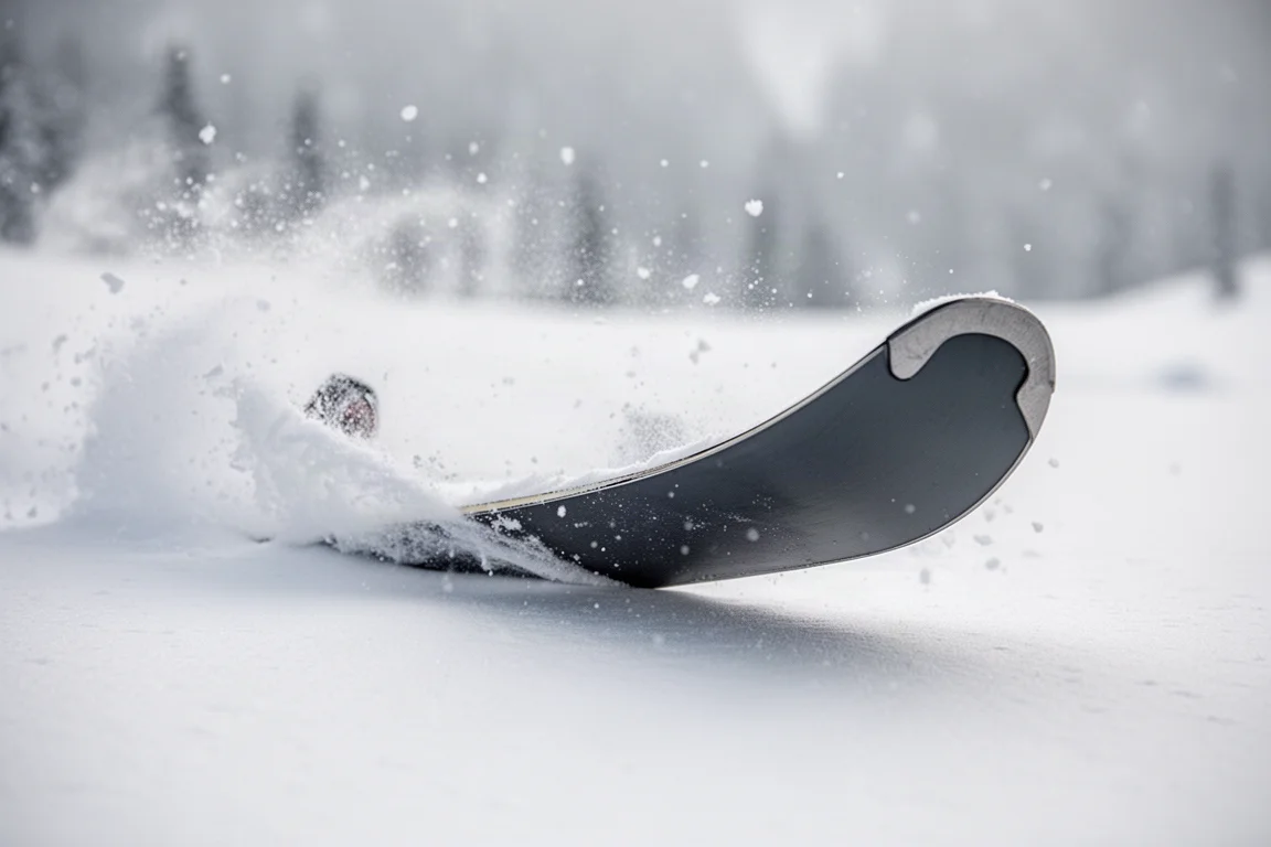 Close-up of a wide ski tip slicing through deep fresh powder