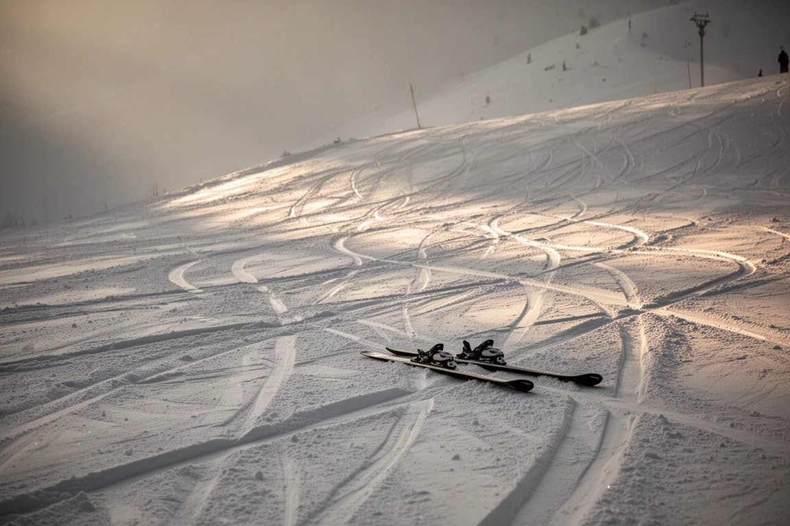 Tracked-out ski slope with cut-up chop and intersecting tracks in low winter sun