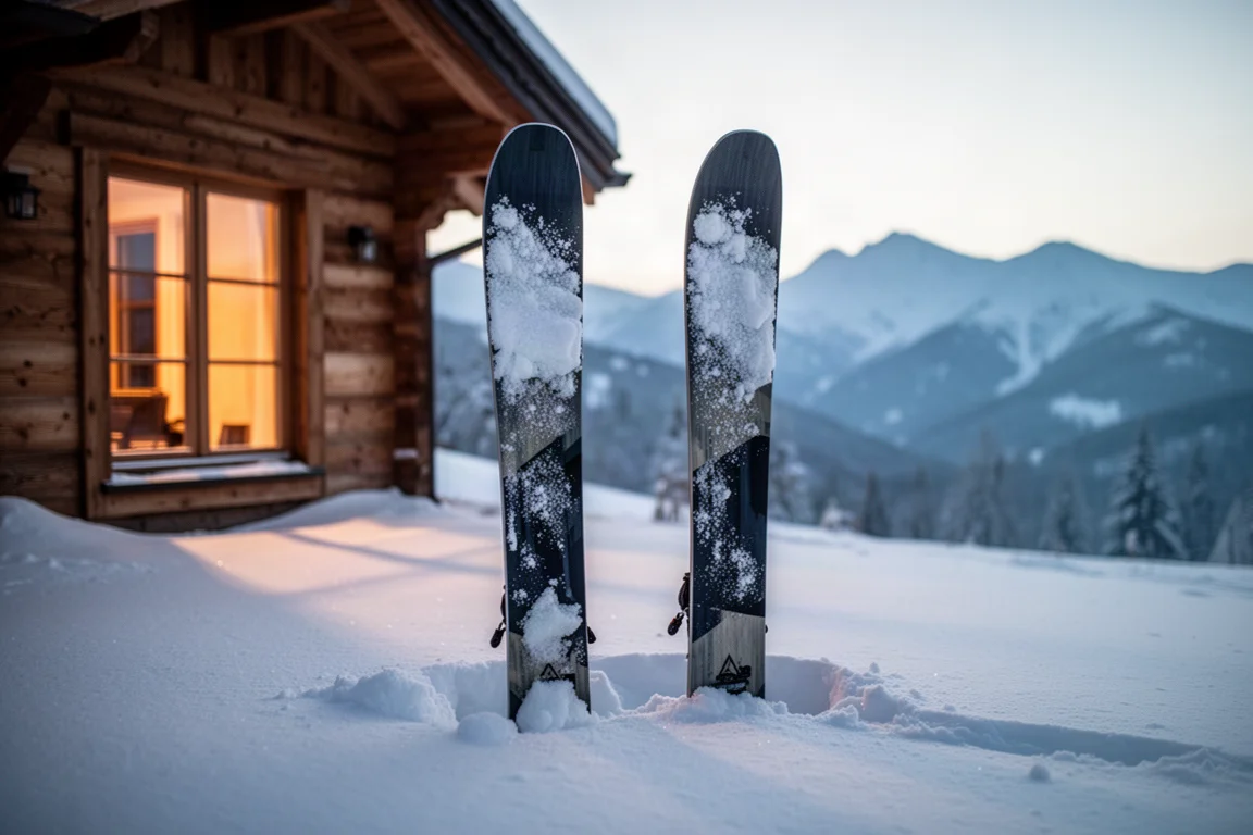 Wide powder skis standing in deep snow outside a timber lodge at dawn