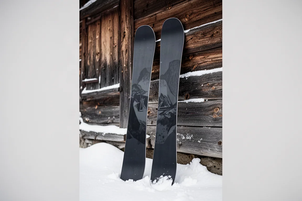 Pair of wide twin-tip powder skis leaning against a snow-dusted timber lodge wall