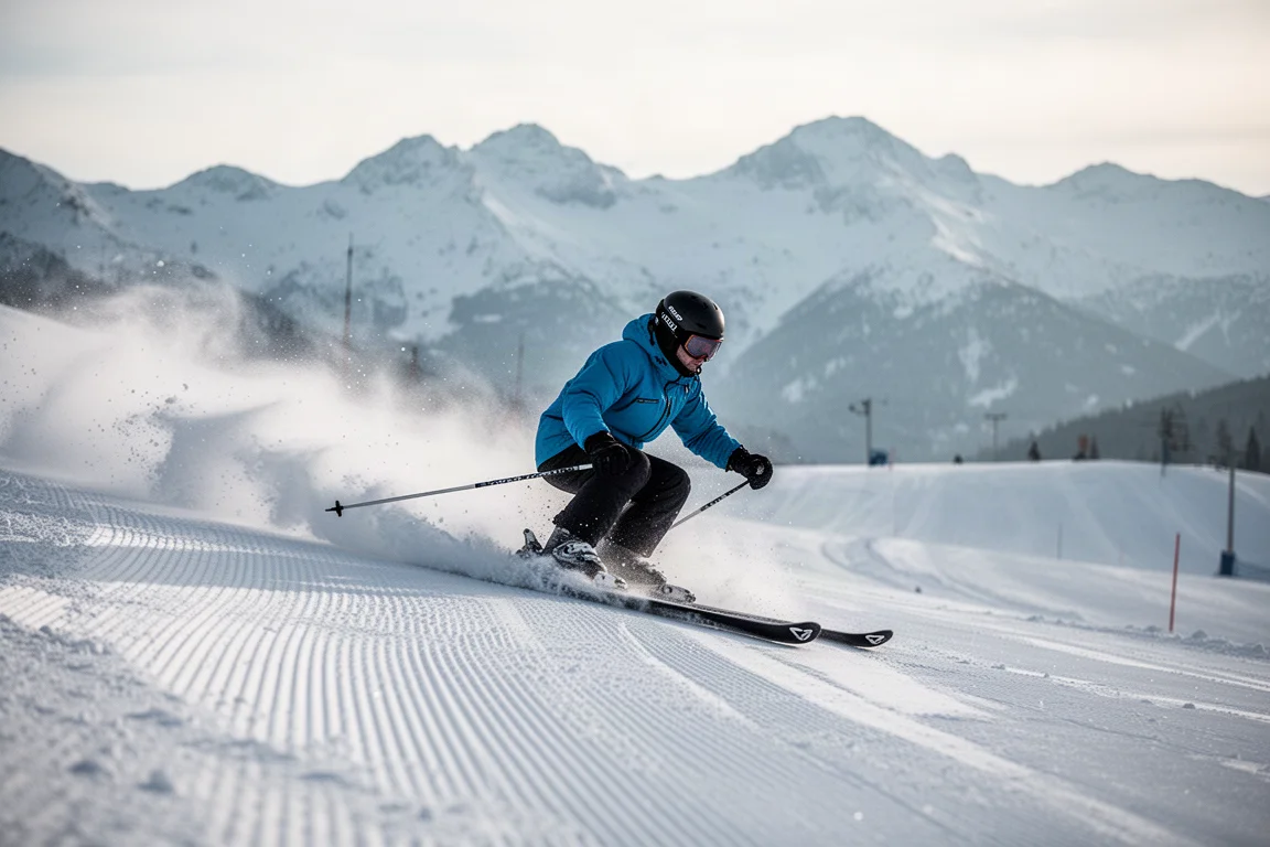 Skier carving precise turns on firm groomed snow