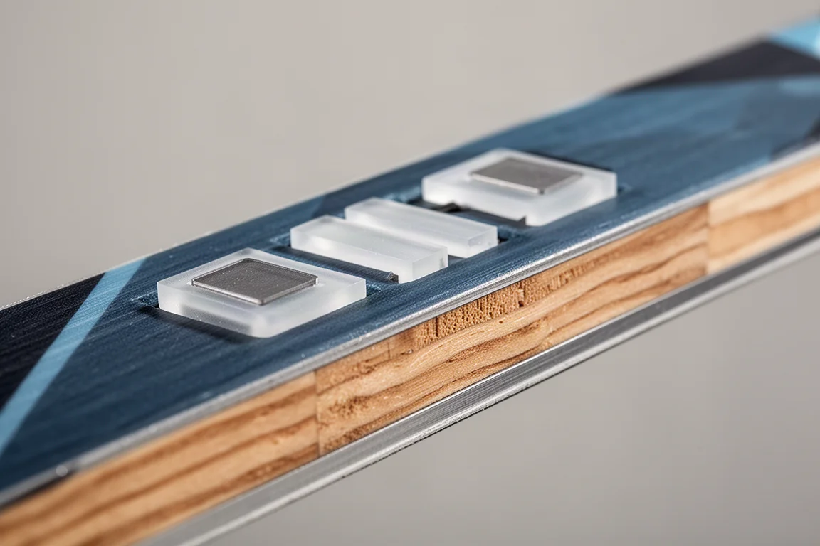 Close-up of a ski forebody showing rectangular damping inserts