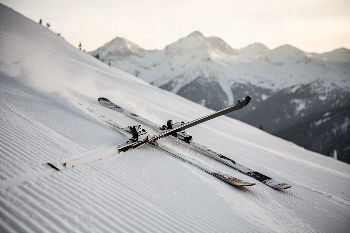 Ski edges gripping hard on steep groomed slope