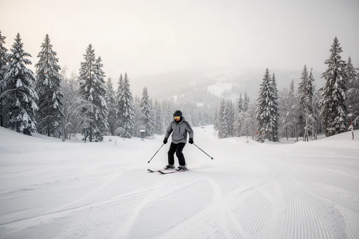 Skier crossing a flatter piste at moderate speed